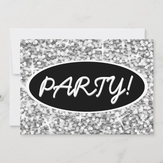 Glitz "Prata" 'Partido!' convite oval preto (Frente)
