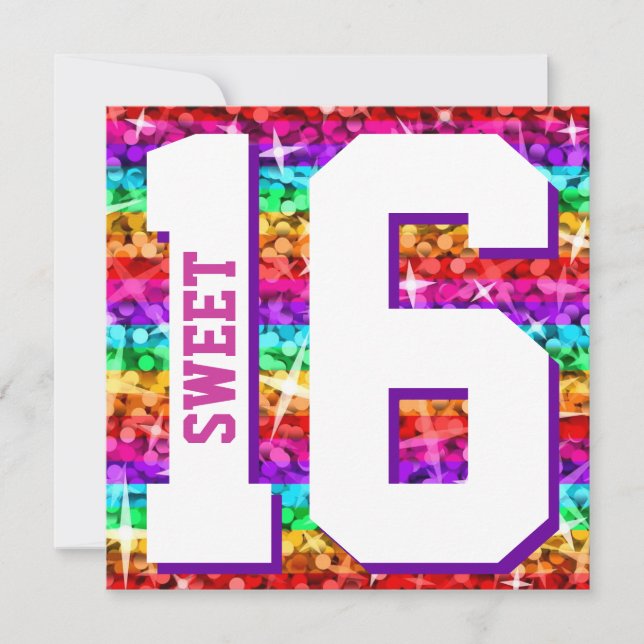 Glitz Rainbow Stripe 'Sweet 16' convite quadrado (Frente)