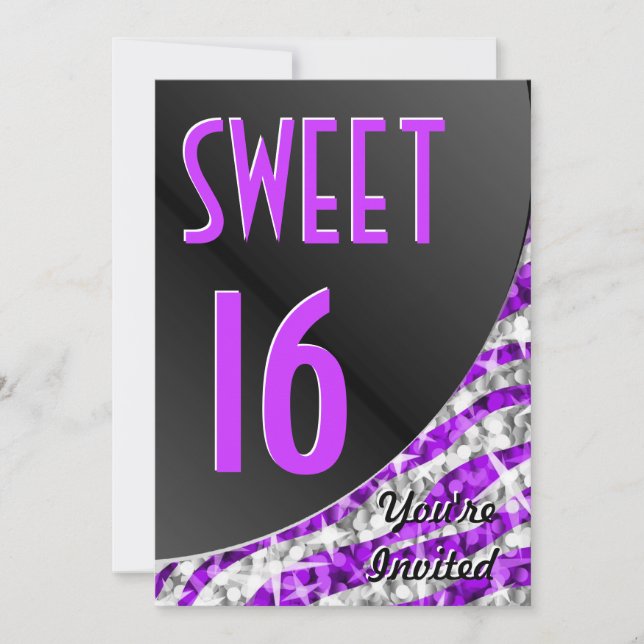 Glitz Zebra Curva de roxo Convite "Sweet 16" (Frente)