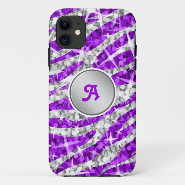 Glitz Zebra Monograma roxo capas de iphone 'prata' (Verso)