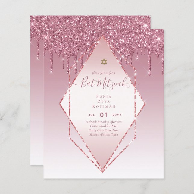 Glitzy BAT MITZVAH Convida Glitter Sparkles Modern (Frente/Verso)
