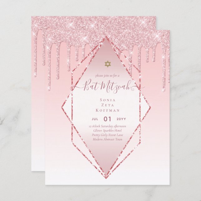 Glitzy BAT MITZVAH Convida Glitter Sparkles Modern (Frente/Verso)