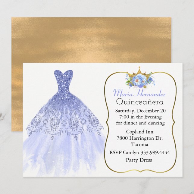 Glitzy Blue Gown Quinceañera Convite (Frente/Verso)