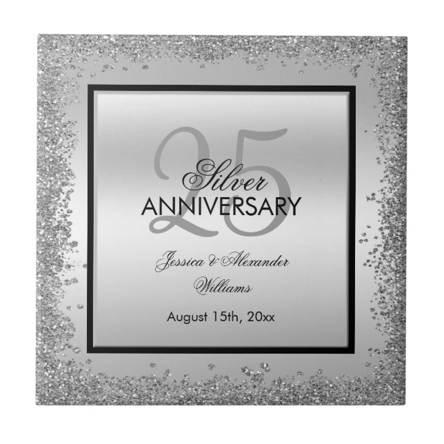 Glitzy Silver & Black 25º Aniversário de Casamento (Frente)
