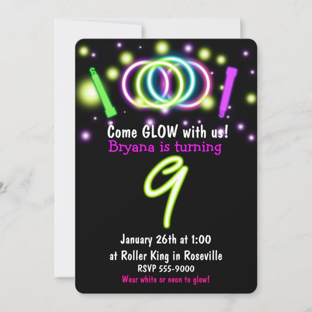 GLOW Luzes 9ª Festa de aniversário Idade 9 Convite (Frente)