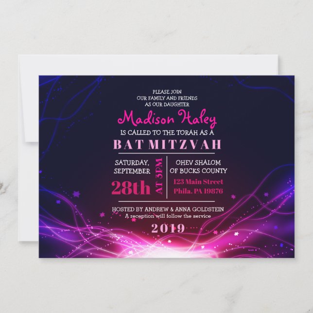 GLOW NEON STARS FUSCHIA Bat Mitzvah Convite (Frente)