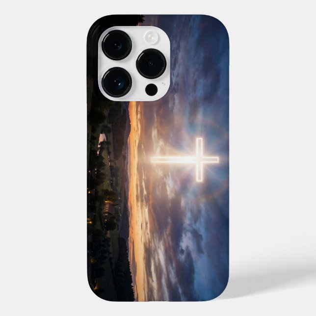 Glowing Christian Cross Sunset Sky iPhone Case (Verso)