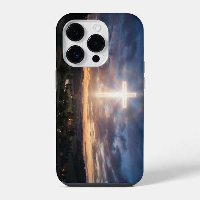 Glowing Christian Cross Sunset Sky iPhone Case (Verso)