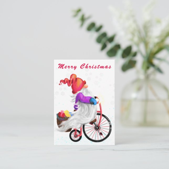 Gnome bonito com cartão de Natal de bicicleta (Em pé/Frente)