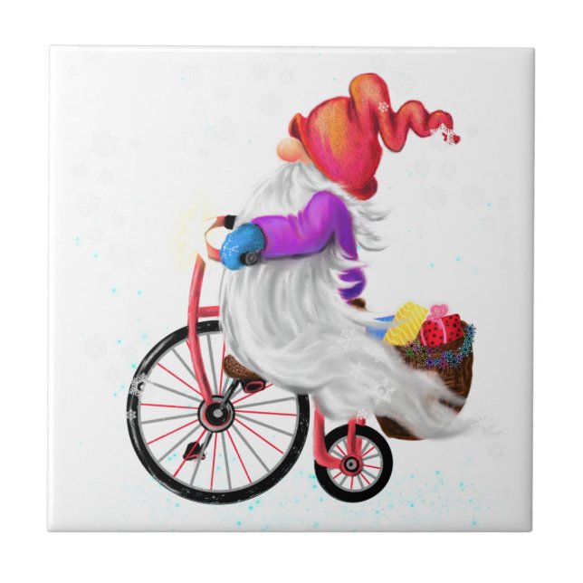Gnome engraçado com bicicleta e presentes - Feliz  (Frente)