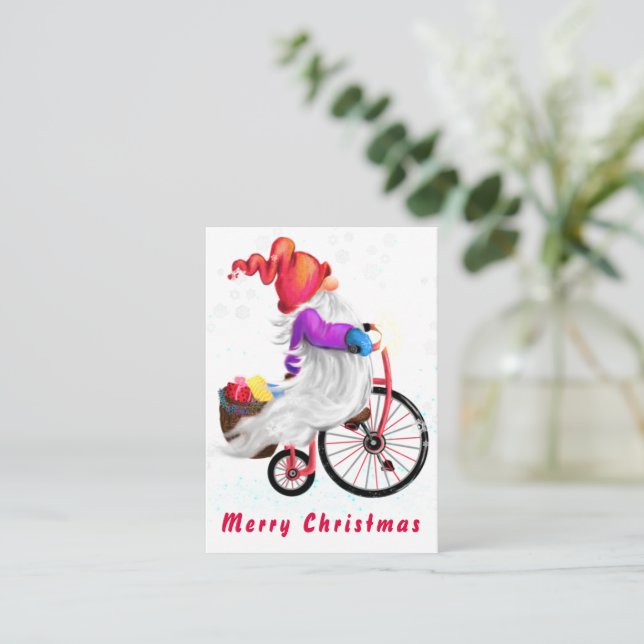 Gnomo com Bicicleta e Cartão de Natal de presentes (Em pé/Frente)