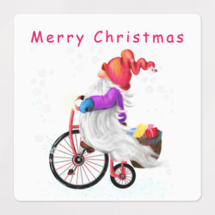 Gnomo de etiquetas de Natal com bicicleta e presen