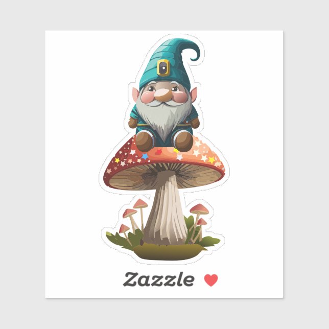 Gnomo Sentado Em Cima Do Adesivo De Cogumelos (Folha)
