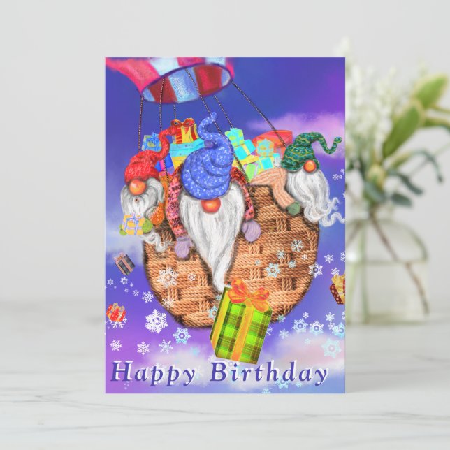 Gnomos com Presentes Cartão de Aniversário (Em pé/Frente)