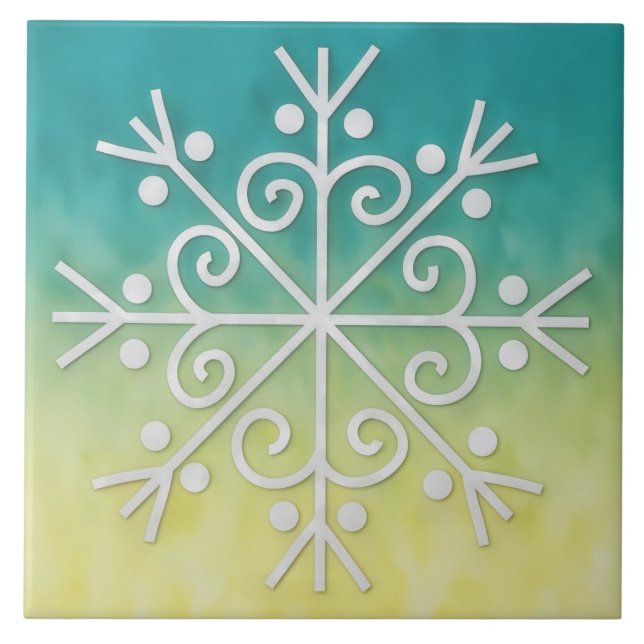 Gold Aqua Ombre Snowflake Winter Holiday Tile (Frente)
