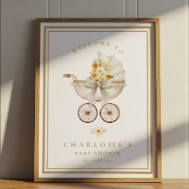 Gold Baby Shower Welcome Poster | Vintage Pram