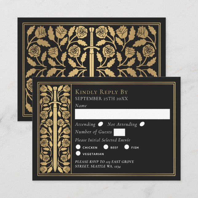 Gold Black Medieval Sword Wedding RSVP (Frente/Verso)