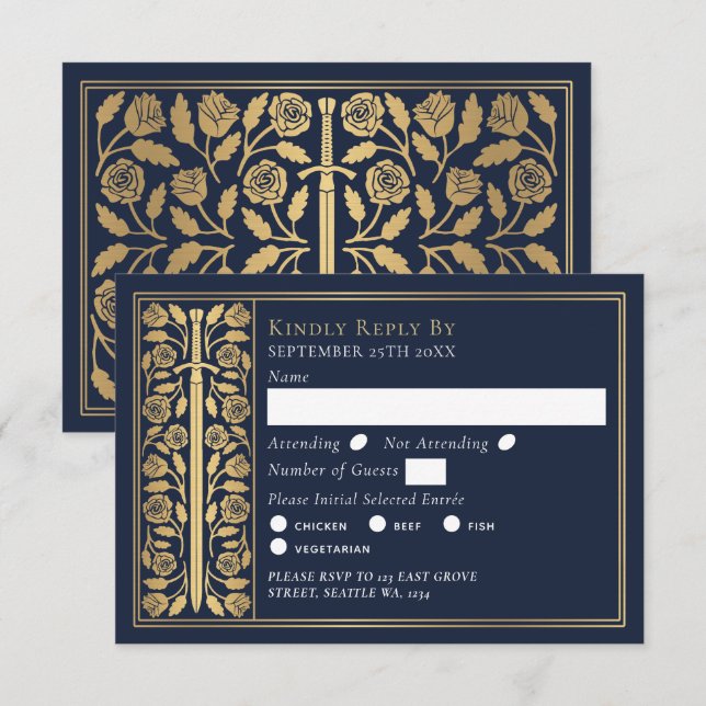 Gold Blue Medieval Sword Wedding RSVP (Frente/Verso)