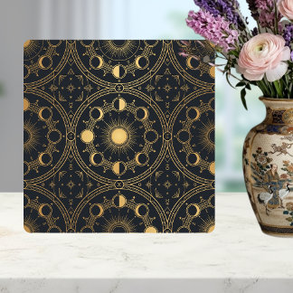 Gold Celestial Sun Moon Phases Geometric Pattern