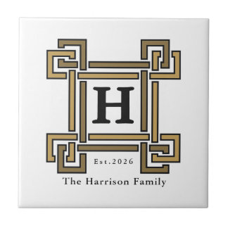 Gold Charcoal Greek Key Monogram Family Crest