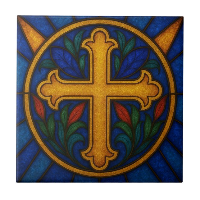 Gold Christian Cross Stained Glass Ceramic Tile (Frente)