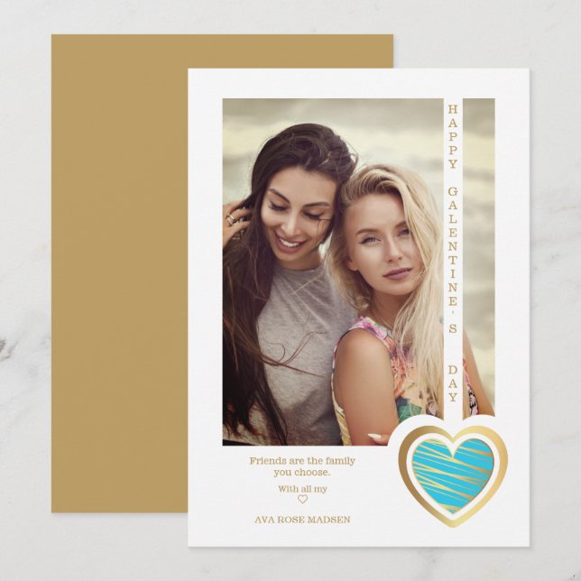 Gold Effect Blue Heart Friends Happy Galentines (Frente/Verso)