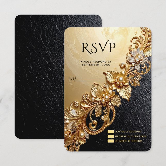 Gold Floral Embellishments RSVP Card (Frente/Verso)