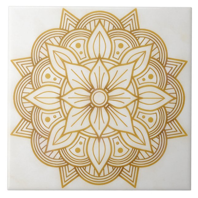 Gold Floral Symbol Art Square Tile (Frente)