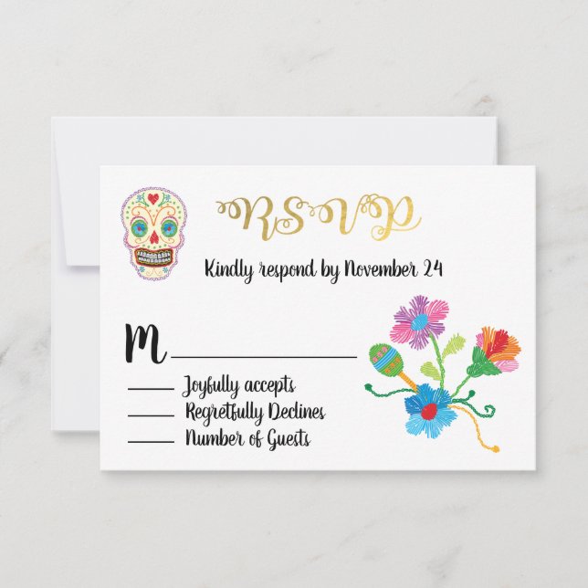 Gold Foil Floral Sugar Skull Festa mexicana RSVP (Frente)