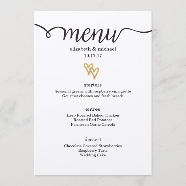 Gold Foil Hearts Kraft Paper Menu Casamento (Frente)