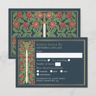 Gold Gray Medieval Floral Sword Wedding RSVP