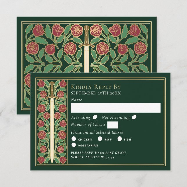 Gold Green Medieval Floral Sword Wedding RSVP (Frente/Verso)