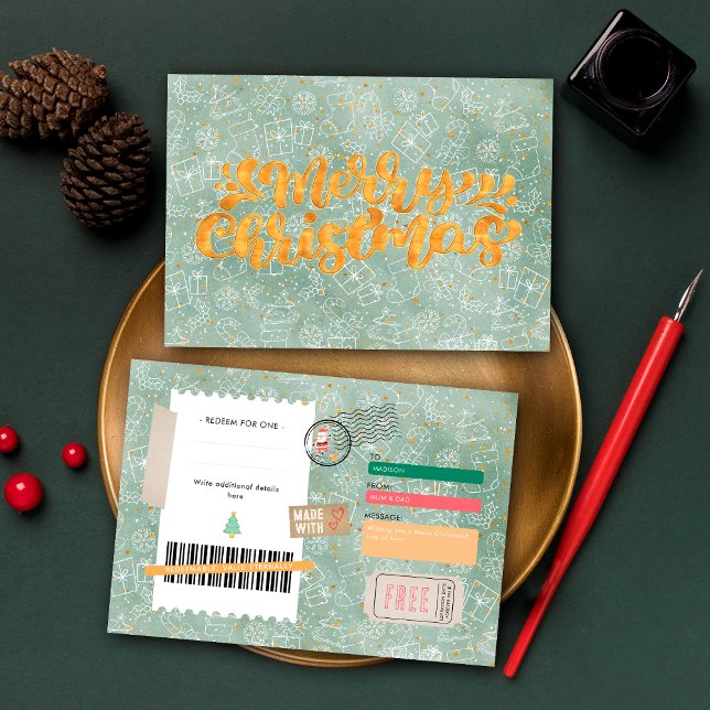 Gold Green Pattern Christmas Ticket Gift Voucher (Criador carregado)