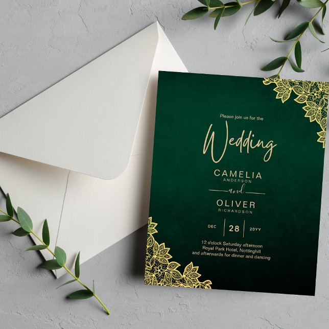 Gold Lace Emerald Green All-in-1 Wedding Invite QR (Criador carregado)
