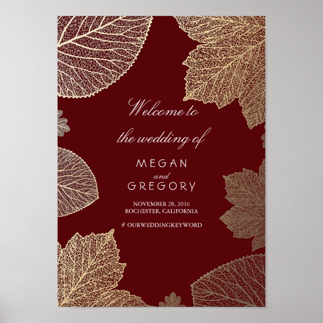 Gold Leaves Fall Wedding Welcome Sign Poster (Frente)