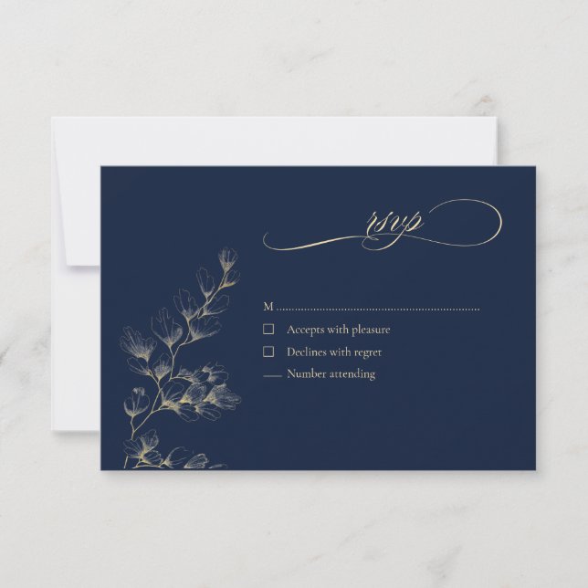Gold & Navy Wedding RSVP Card (Frente)