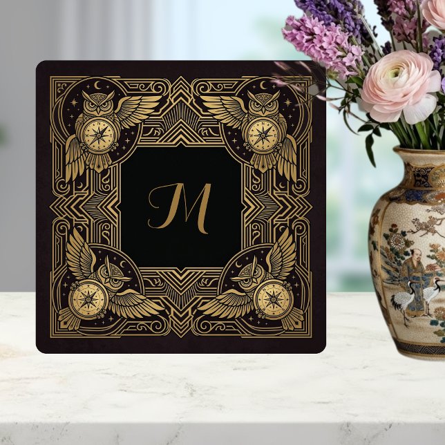 Gold Owl Compass Monogram Art Deco Ceramic Tile (Criador carregado)