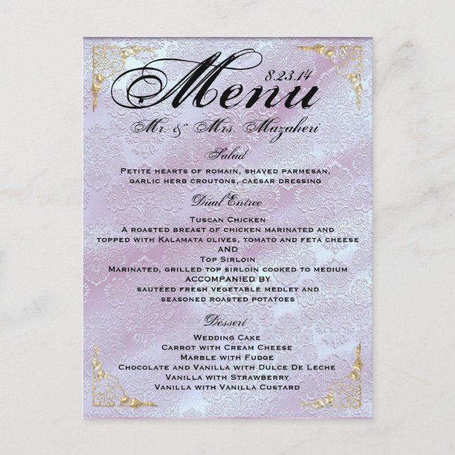 Gold Rose lavender Wedding Dinner Menu Thank you (Frente)