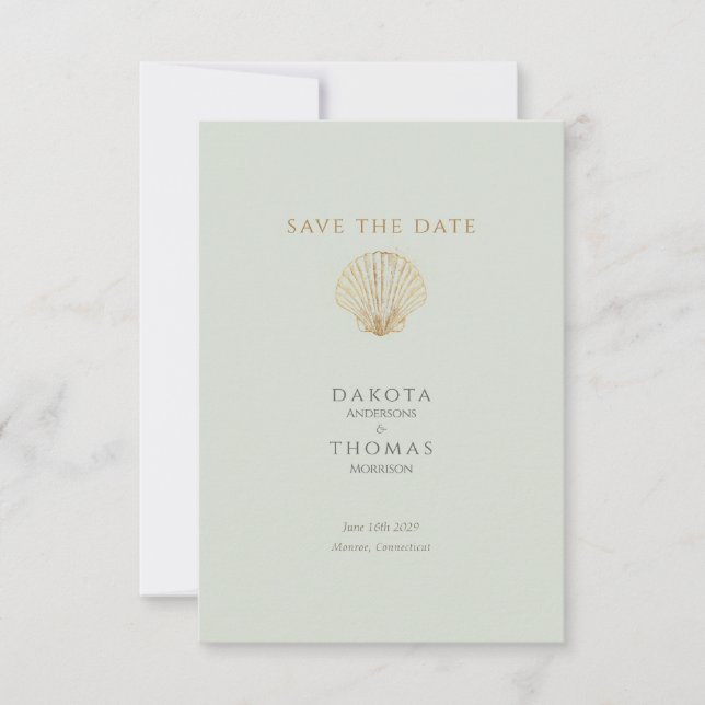 Gold Seashell Mute Sage Wedding Save the Date (Frente)