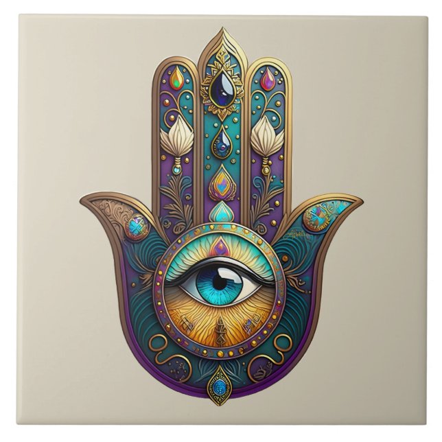 Gold Violet Teal Hamsa w/ Turquoise Third Eye (Frente)