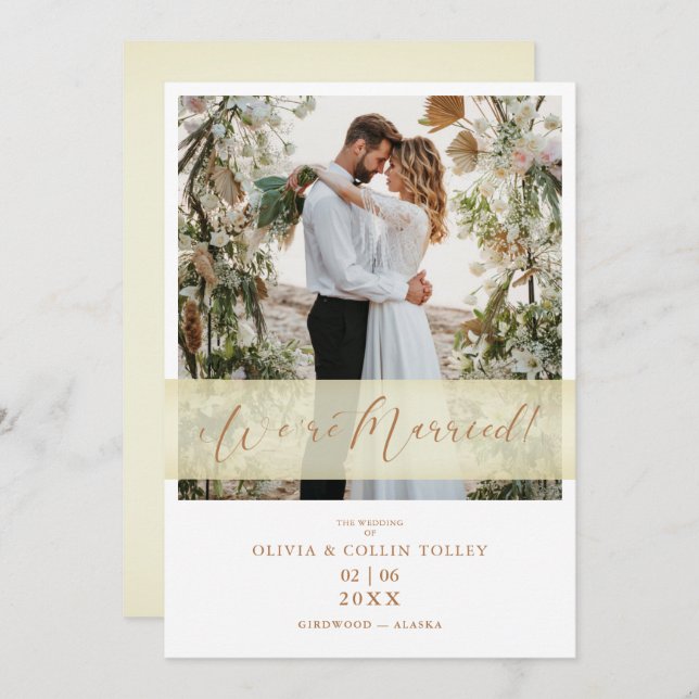 Gold Wedding Photo Just Married Hand Letterd Quote (Frente/Verso)