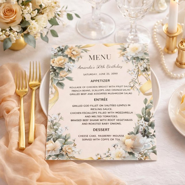 Gold yellow florals ribbon menu card (Criador carregado)
