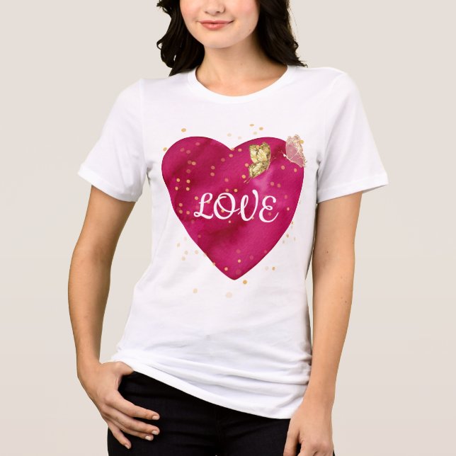 Golden Butterfly Pink Heart Valentine T-Shirt (Frente)