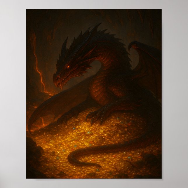 Golden Dragon Guarding Treasure Fantasy Poster (Frente)