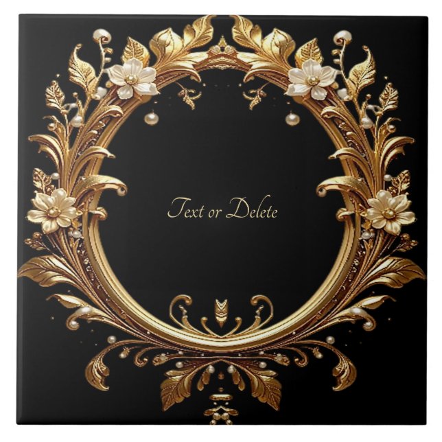 Golden Floral Ornate Frame Ceramic Tile (Frente)