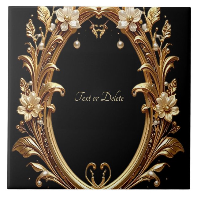 Golden Floral Ornate Frame Ceramic Tile (Frente)