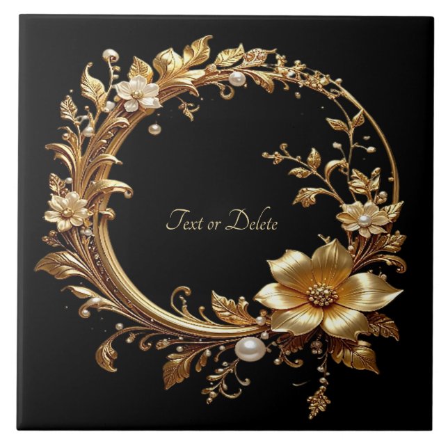 Golden Floral Ornate Frame Ceramic Tile (Frente)