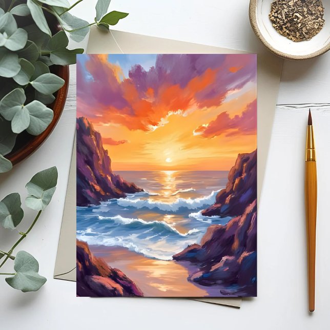 Golden Horizon | Ocean Sunset Watercolor Card (Criador carregado)