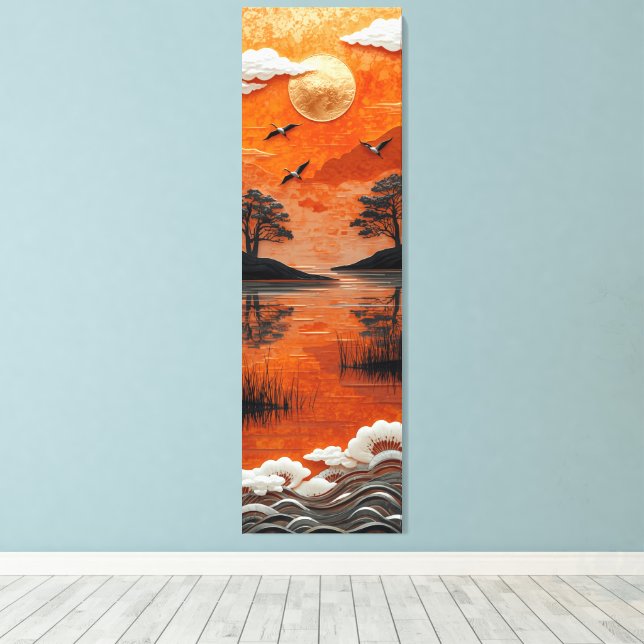 Golden Horizon Serenity Lake & Cranes Canvas Print (Insitu(piso de madeira))