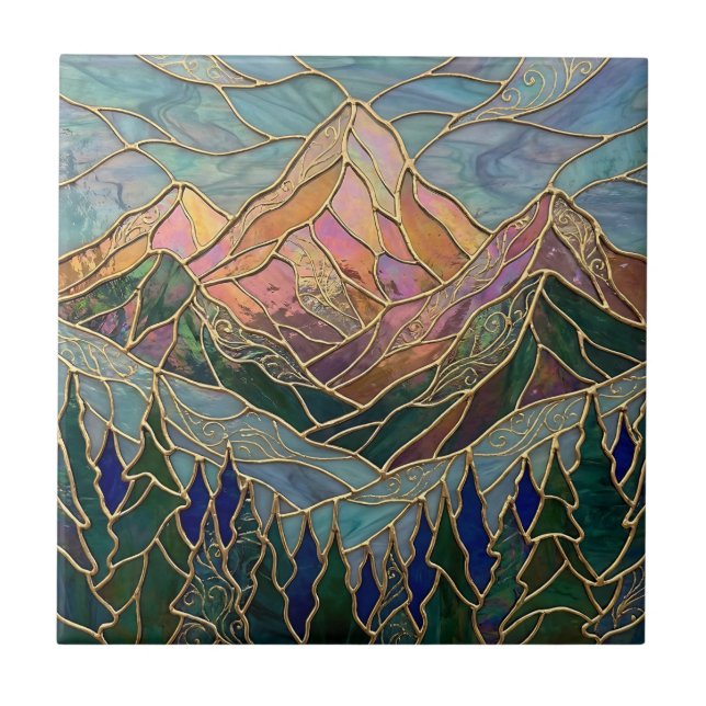 Golden Mountain Peaks Forest Stained Glass Art (Frente)